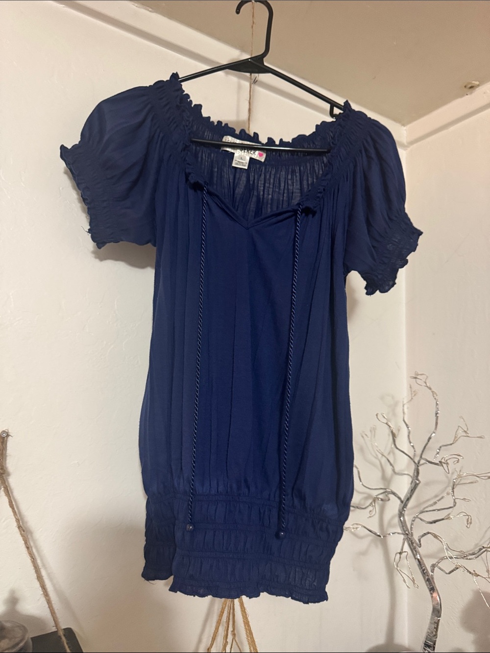 Smocked Hem Navy Peasant Tunic with Tie